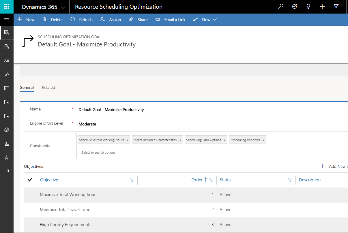 使用 Resource Scheduling Optimization 部署的預設目標的螢幕擷取畫面。