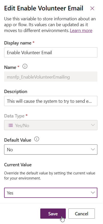 Screen shot showing enable volunteer emailing setting.