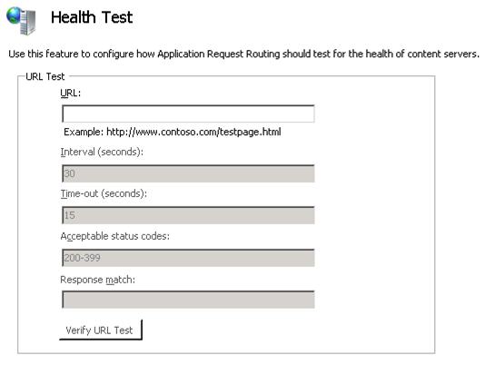 [健康情況測試] 窗格的螢幕快照，其中包含預設選項，且 U R L 測試區段中沒有指定的 U R L。