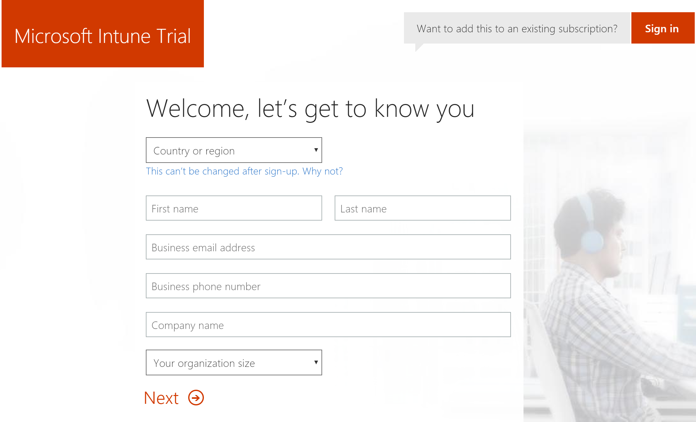 Microsoft Intune試用帳戶註冊網頁的螢幕擷取畫面。