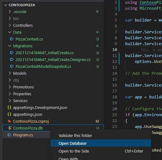 螢幕擷取畫面顯示 Visual Studio Code [檔案總管] 窗格中的 [開始資料庫] 功能表選項。