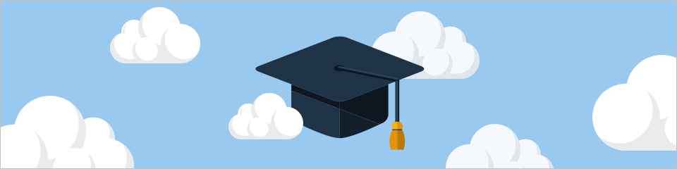 Congratulations! Graduation cap among puffy clouds in a blue sky.