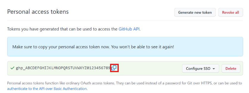 Screenshot that shows the personal access token after it's created.