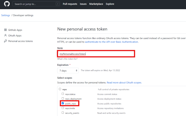 Screenshot that shows the personal access tokens page.