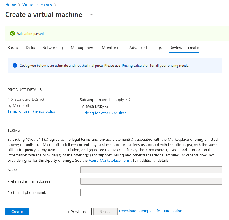 Screenshot showing the Review + create tab of the Create a virtual machine wizard.