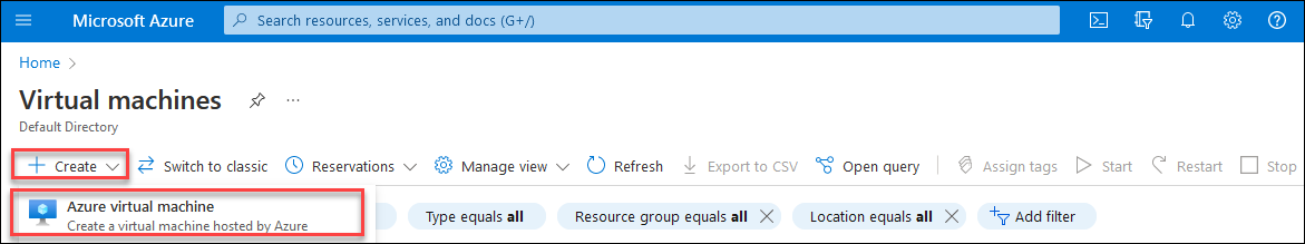 Screenshot showing the Create menu and the Azure virtual machine option.