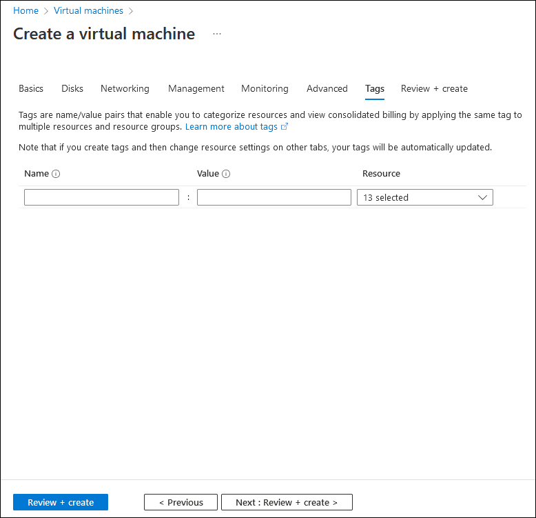 Screenshot showing the Tags tab of the Create a virtual machine wizard.