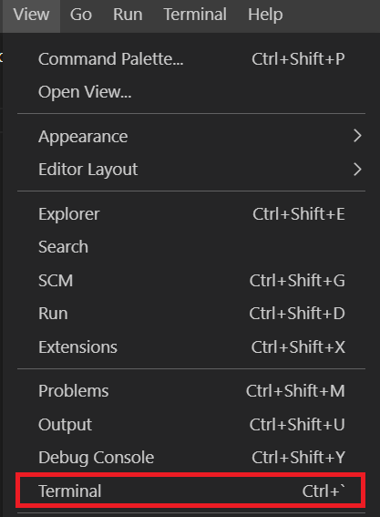 Screenshot of view menu with Terminal highlighted.
