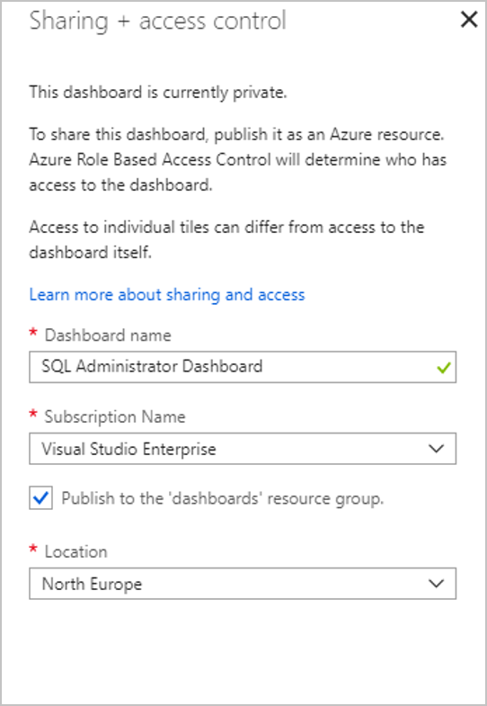 Screenshot of the Sharing + access control pane before a dashboard is shared.