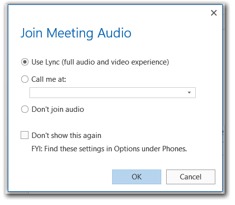 Use Lync to join meeting audio window screenshot