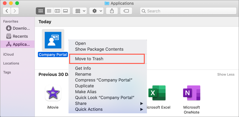 macOS Finder、Applications 資料夾、公司入口網站應用程式的範例螢幕擷取畫面，其中醒目提示應用程式功能表中的 [移至垃圾桶] 選項。