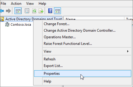 以滑鼠右鍵按一下 [Active Directory 網域和信任]，然後選擇 [屬性]。