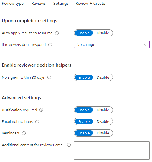 Microsoft Entra存取權檢閱設定索引標籤的螢幕擷取畫面。