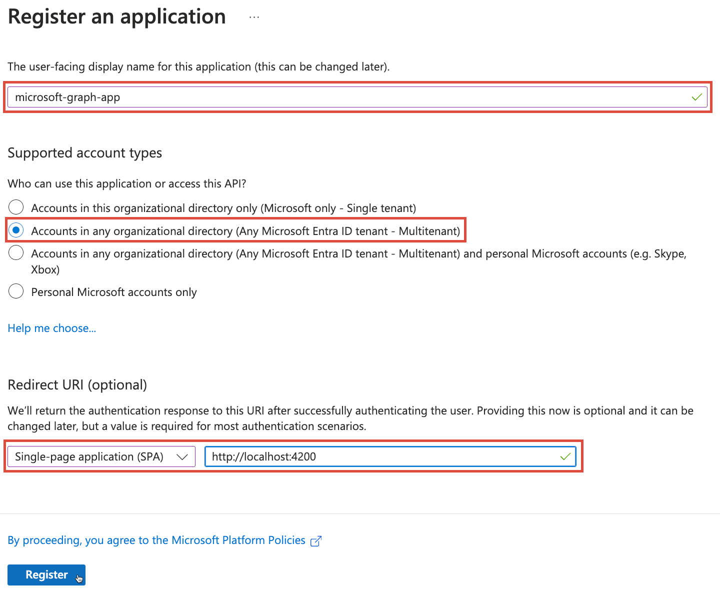 Microsoft Entra ID 應用程式註冊表單