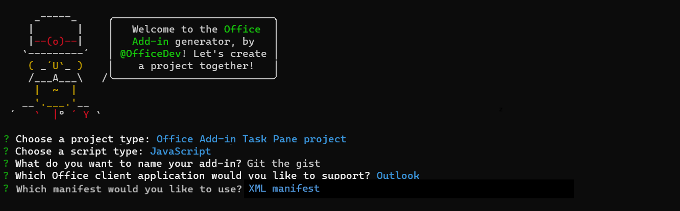 The prompts and answers for the Yeoman generator in a command line interface.
