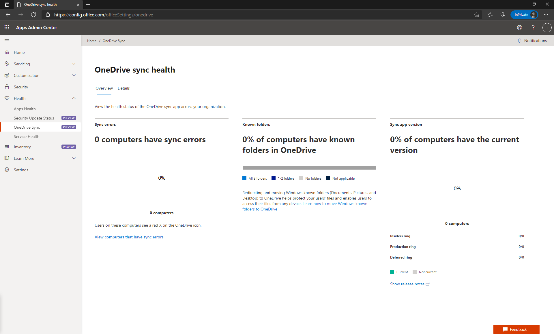OneDrive 同步處理健康情況儀表板的螢幕擷取畫面。