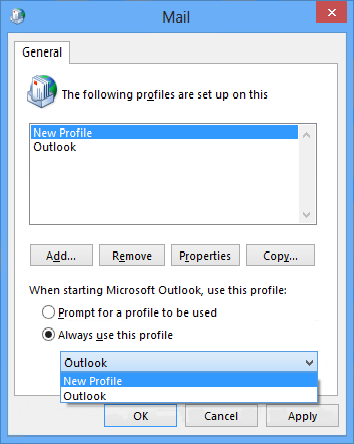[郵件] 視窗的螢幕擷取畫面，其中已選取 [始終使用這個設定檔] 底下的 [新增設定檔]。