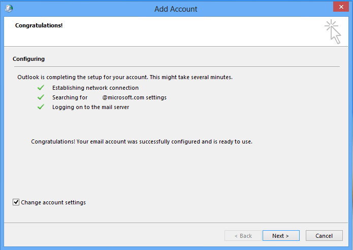 Outlook 在 [新增帳戶] 視窗中完成設定您的帳戶之後的螢幕擷取畫面。