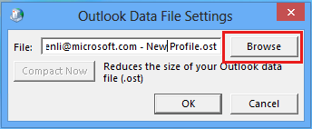 [Outlook 資料檔設定] 視窗的螢幕擷取畫面，其中包含 [瀏覽] 按鈕。