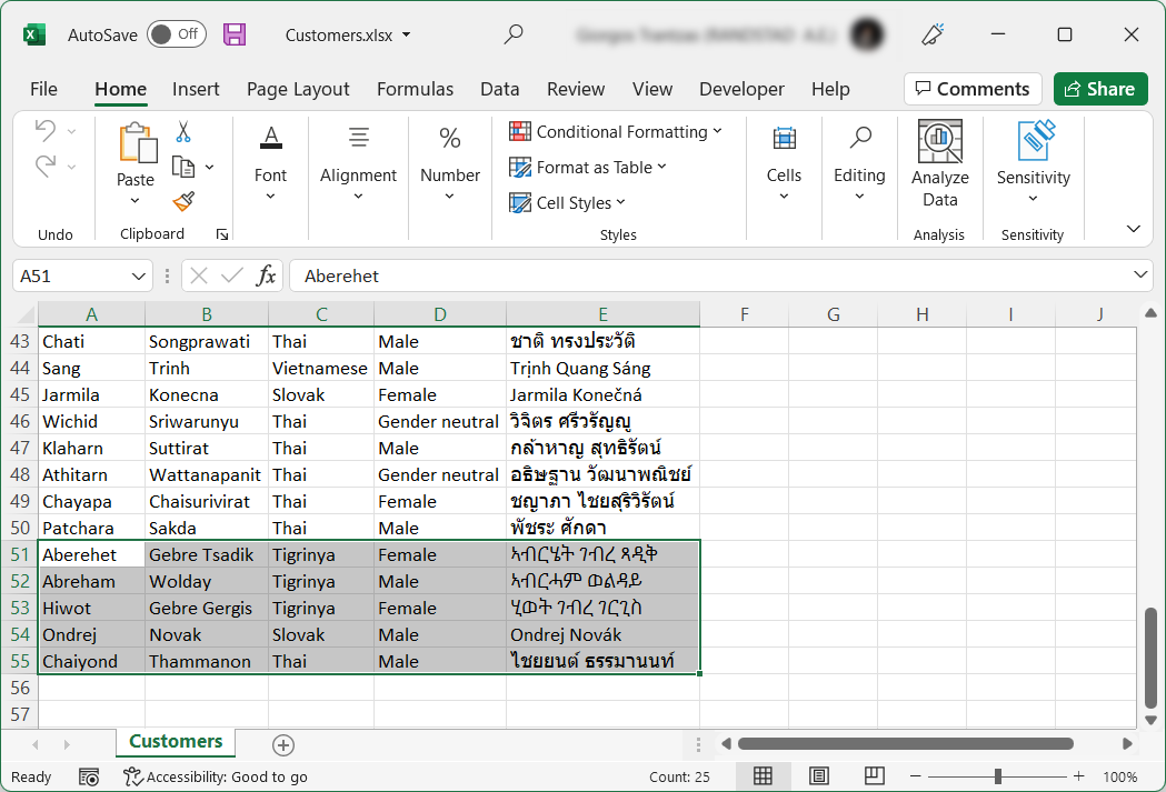寫入的 Excel 資料的螢幕擷取畫面。