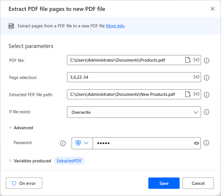[將 PDF 檔案頁面解壓縮至新 PDF 檔案] 動作的螢幕擷取畫面。