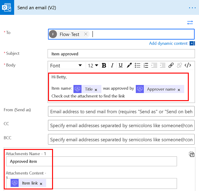 顯示在電子郵件本文中使用動態內容的電子郵件範例的螢幕擷取畫面。