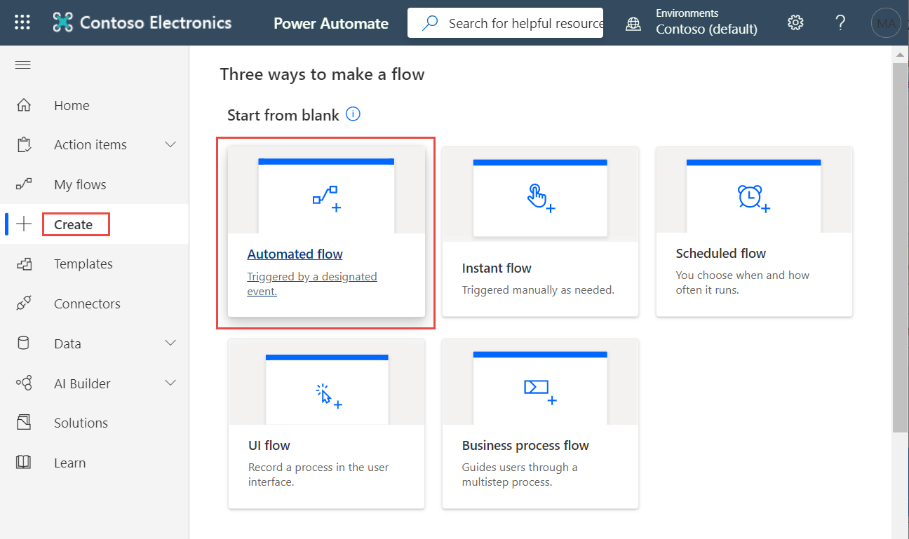 Screenshot of Power Automate > Create Automated flow.