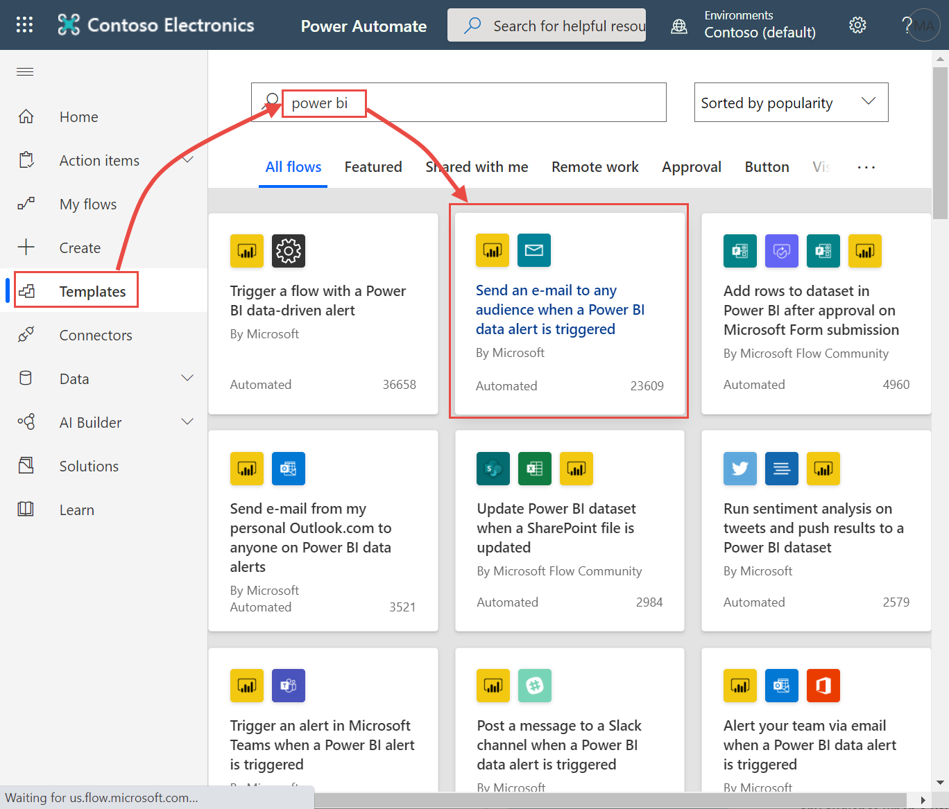 Screenshot of Power Automate Send an e-mail to any audience when a Power BI data alert is triggered template.