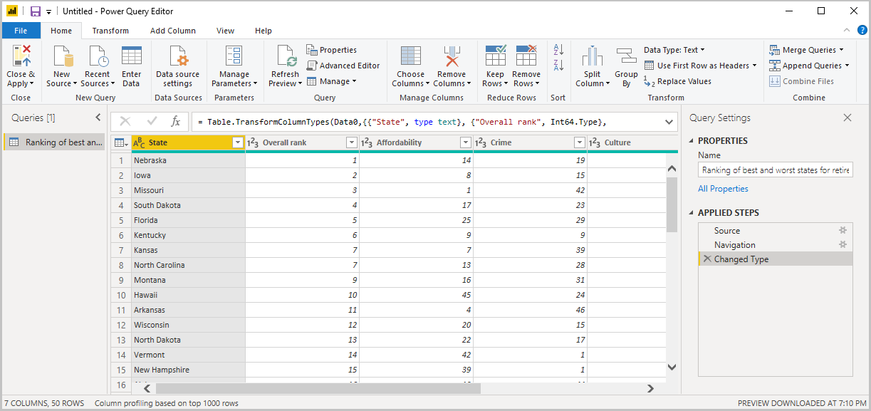 Screenshot of Power B I Desktop showing the Power Query Editor with Query Settings.