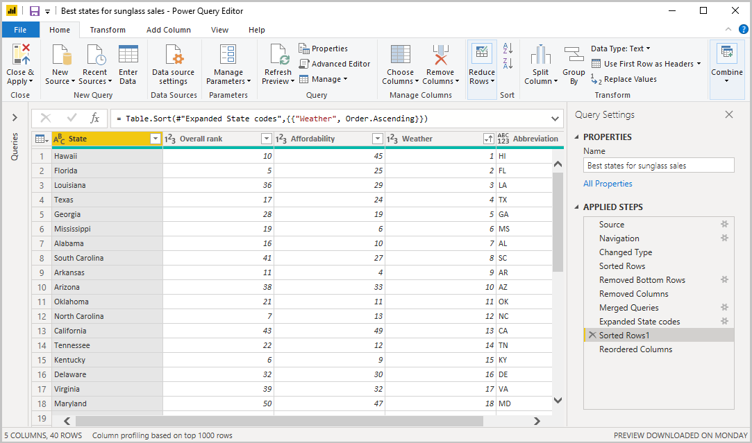 Screenshot of Power B I Desktop showing the Power Query Editor with shaped and combined queries.