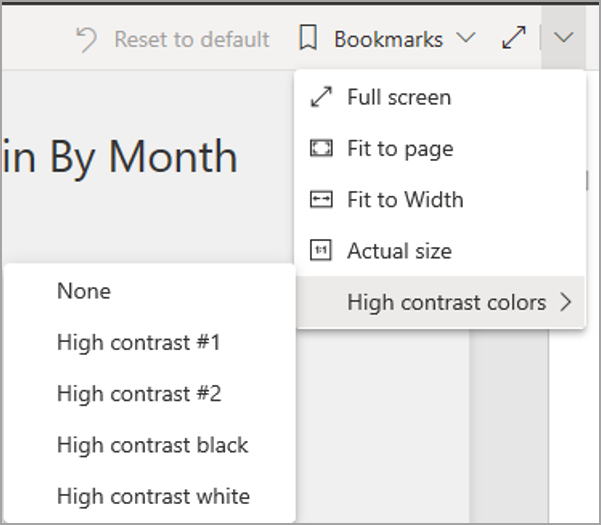 Screenshot of the Power BI service in edit mode, highlighting View and High-contrast colors.