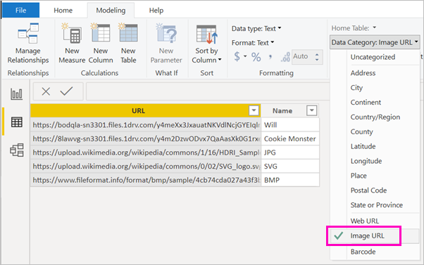 Screenshot of the Data category menu, highlighting Image URL.