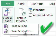 Screenshot that shows the Close & Load To... command in Excel.
