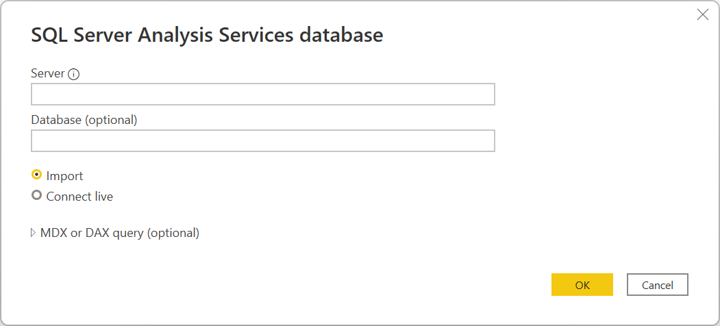 Power Query Desktop 中的 SQL Server Analysis Services 資料庫連接產生器。