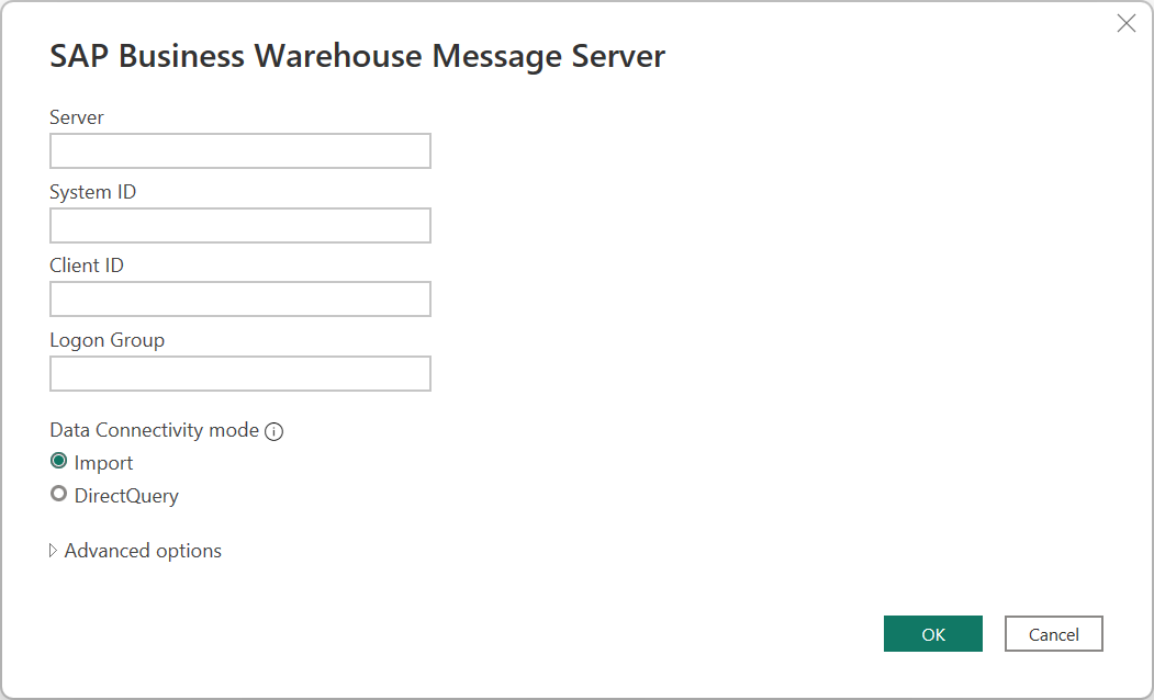 輸入 SAP Business Warehouse Message Server 資訊。