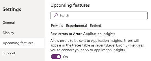 啟用將錯誤傳遞至 Azure Application Insights 設定。