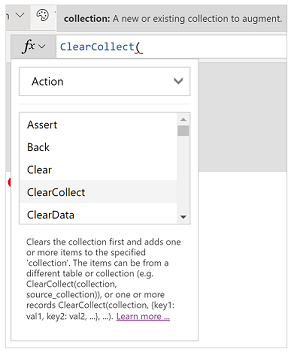 函數 ClearCollect() 已選取。