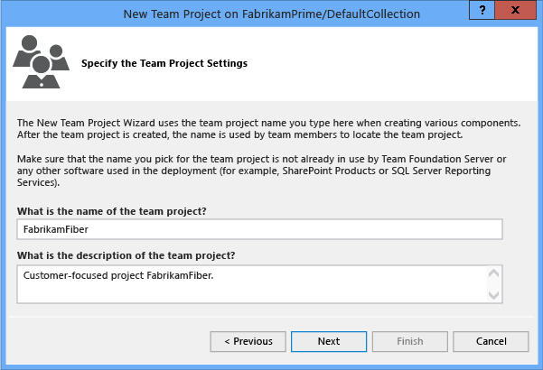 Specify the Team Project Settings page in the New Team Project dialog box
