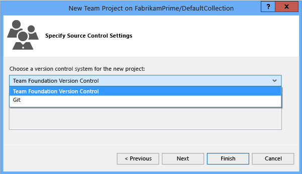 Specify Source Control Settings page in the New Team Project dialog box