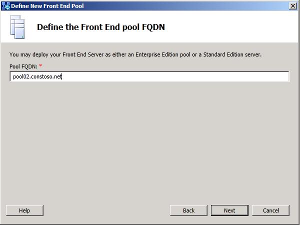 Define New Front End Pool Wizard FQDN page
