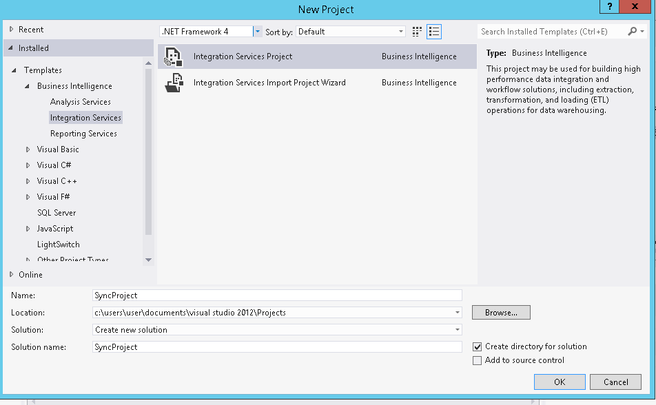 New SSIS project dialog