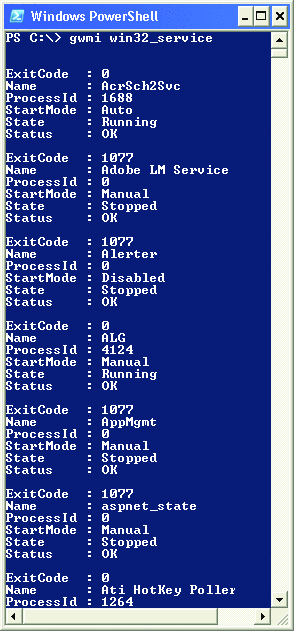 [圖 1] 執行 gwmi win32_service 時，Windows PowerShell 以可讀的文字格式傳回指定類別的所有例項