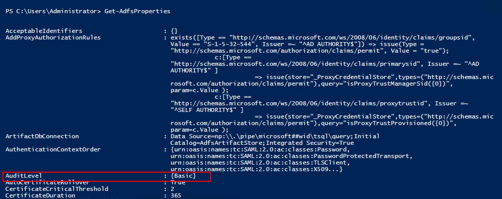 Example of the Get-AdfsProperties PowerShell command