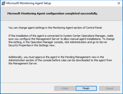 Microsoft Monitoring Agent 設定視窗顯示 [完成] 按鈕。