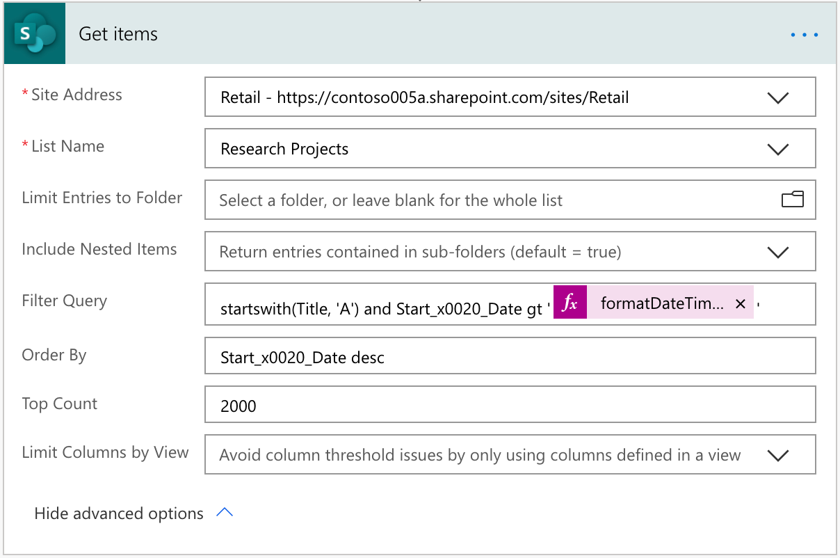 ODATA filter queries in Get items action