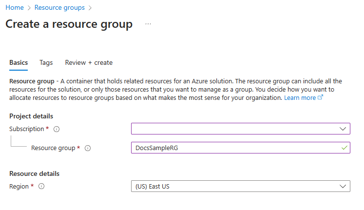 Azure 入口網站中 [建立資源群組] 窗格的螢幕擷取畫面。