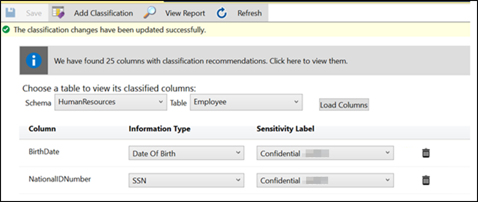 SSMS 資料分類載入分類資料行的螢幕擷取畫面。