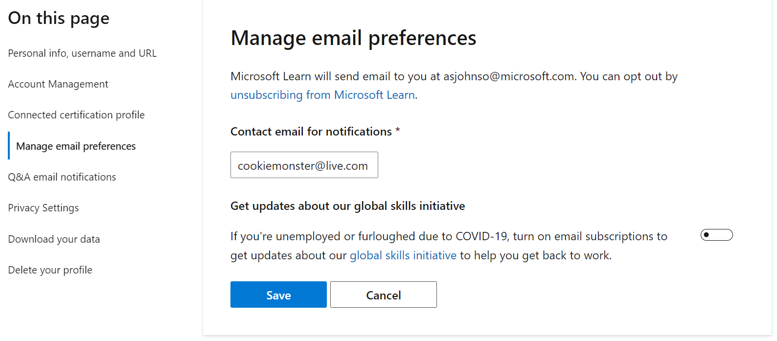 Microsoft Learn 設定檔設定中 [管理電子郵件喜好設定] 區段的螢幕擷取畫面。