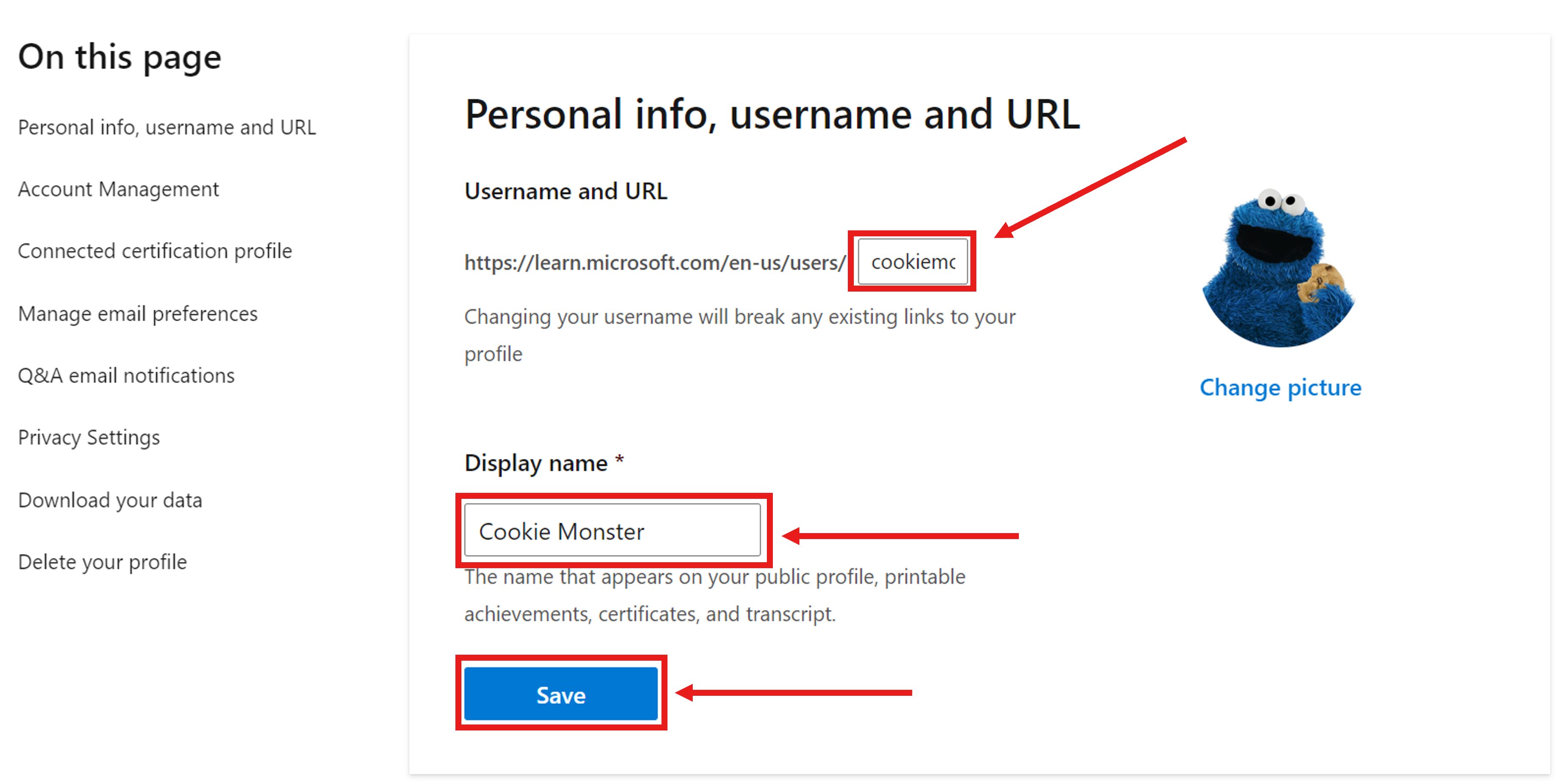 Microsoft Learn 設定檔設定中 [個人資訊、使用者名稱及 URL] 區段的螢幕擷取畫面。