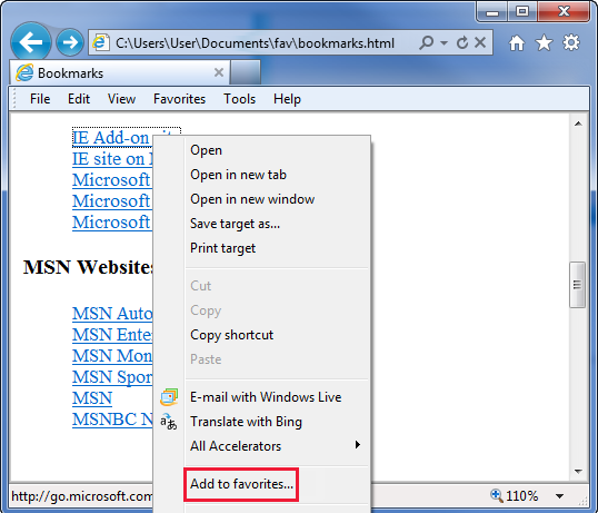 在 IE 中開啟 bookmarks.html 檔案的螢幕快照。[新增至我的最愛] 專案會反白顯示。